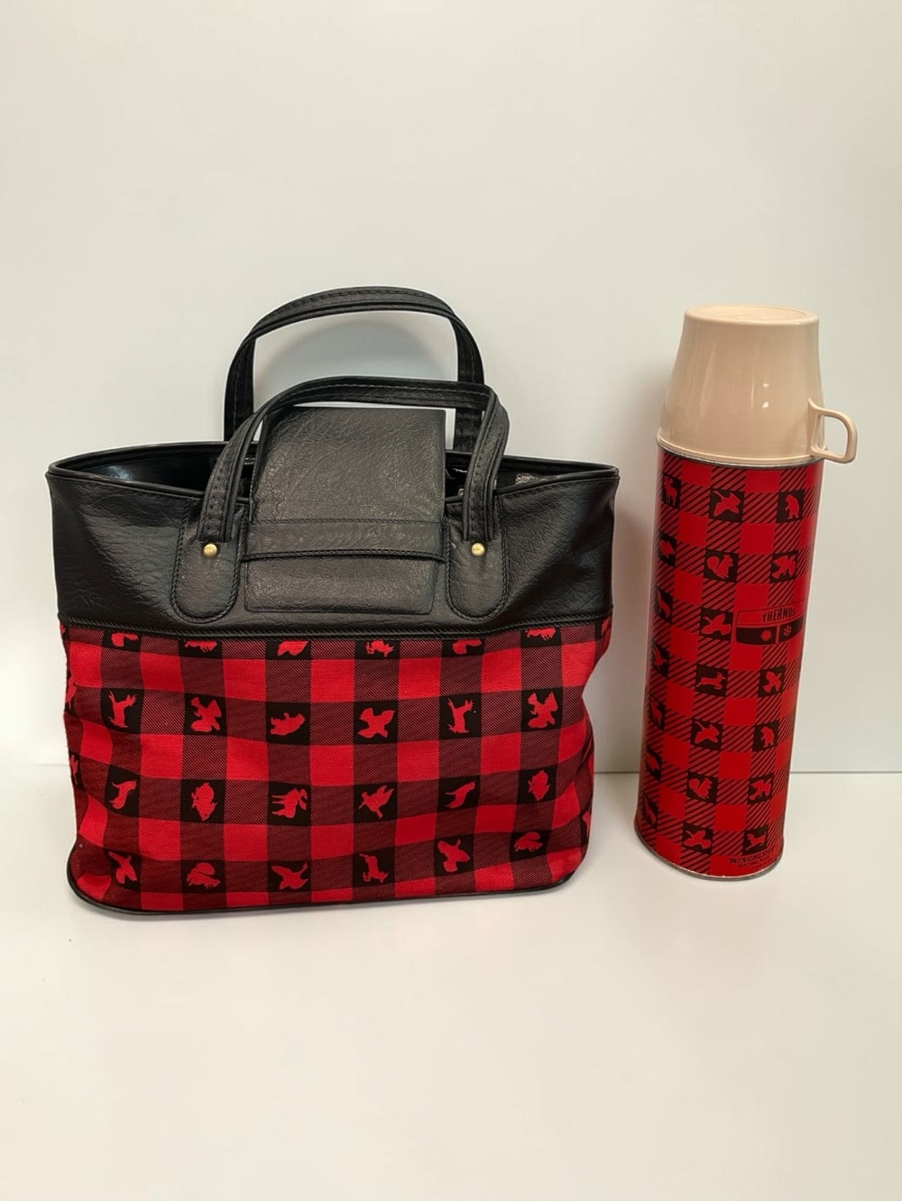 Rare Vtg Winchester Hunting Plaid Quart Sz Thermos W/Mug & Tote Bag Buffalo Red